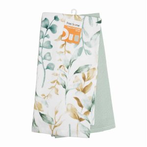 Set Toallas De Cocina Aqua Flores Azul FREE HOME 2 Piezas