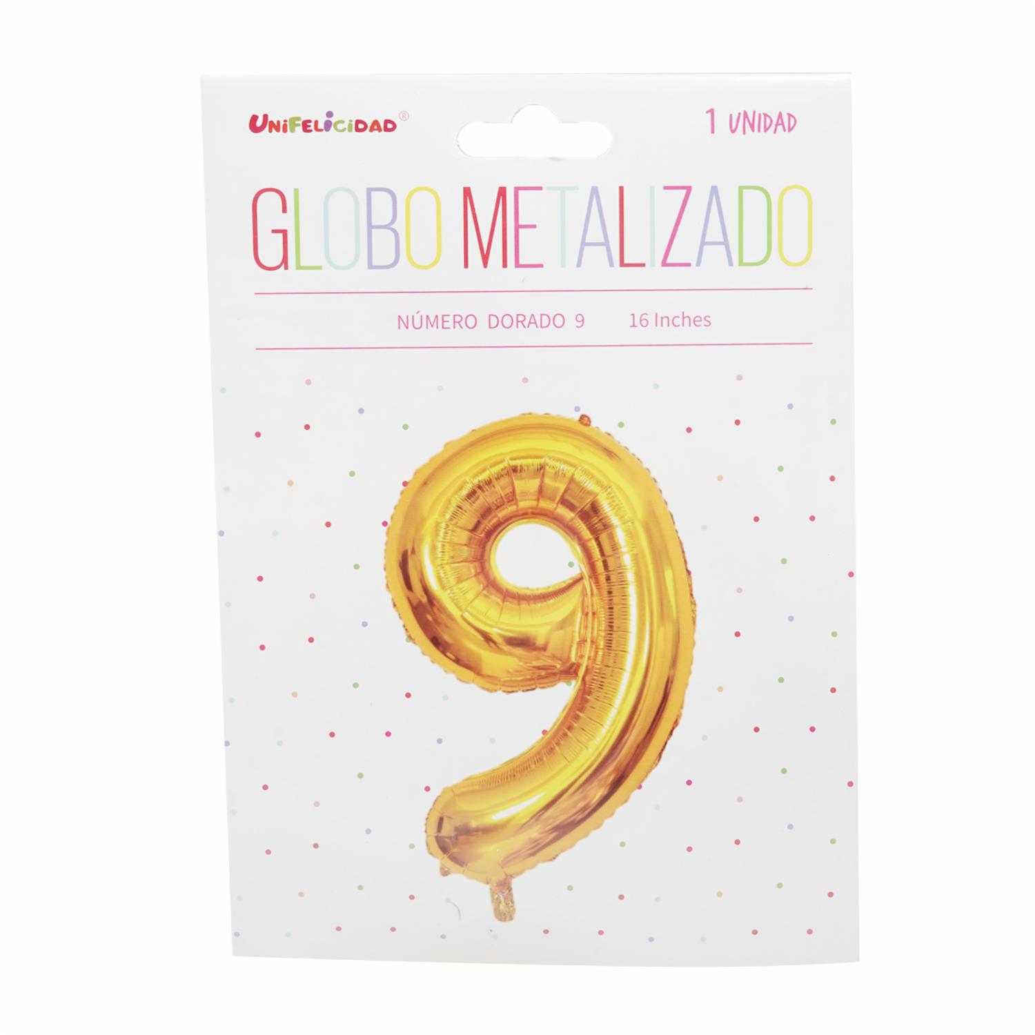 Globo Metalizado Dorado Nro. 9 UNIFELICIDAD 16″